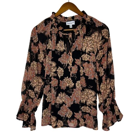Veronica M Tops - Veronica M Black Floral Boho Blouse Tie Neck Ruffle Top Small Feminine Chic